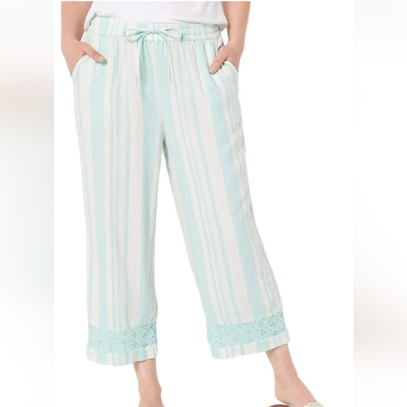 NATURALS DECO TEAL BLUE & WHITE DESIGN LINEN BLEND CROPPED PANTS SZ 1X - Picture 1 of 7